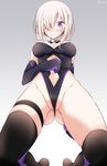  arm_across_waist arm_behind_back ass_visible_through_thighs blush breasts cleavage elbow_gloves fate/grand_order fate_(series) gloves groin hair_over_one_eye highres kneeling large_breasts mash_kyrielight navel oouso purple_eyes solo sweat sweatdrop thighhighs white_hair 