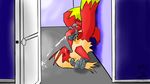  2017 anthro avian balls blaziken blue_eyes caught cum cum_on_face cum_on_ground digital_media_(artwork) door erection feathers fur hair kuponutters male masturbation nintendo nude open_mouth orgasm penis pok&eacute;mon pubes simple_background solo tongue video_games 