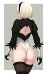  ass back_cutout black_legwear blindfold brown_background commentary facing_away feather-trimmed_sleeves from_behind hairband highleg highleg_leotard highres leotard long_sleeves mole mole_under_mouth nier_(series) nier_automata razalor short_hair silver_hair simple_background solo thighhighs yorha_no._2_type_b 