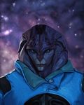  alien ambiguous_gender angara clothed clothing digital_media_(artwork) furgonomics furry-specific_piercing humanoid jaal_ama_darav jacket markings mass_effect piercing purple_skin scar slit_pupils solo verticlesmile video_games 