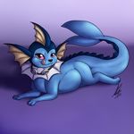  2017 ambiguous_gender belly big_belly black_eyes blue_skin eeveelution english_text eyewear feral fin goggles hi_res licking licking_lips looking_at_viewer lying nintendo nude pink_sclera pok&eacute;mon purple_background shikaro signature simple_background smile solo text tongue tongue_out vaporeon video_games white_membrane yellow_membrane 