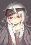  all_fours black_background blush breasts cleavage collarbone darnell g11_(girls_frontline) girls_frontline hairband highres long_hair looking_at_viewer off_shoulder shirt simple_background small_breasts solo white_hair yellow_eyes 