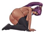  :p ass ass_focus bleach breasts dark_skin easy_(aqk7bdqt) elbow_gloves full_body gloves large_breasts long_hair looking_at_viewer ponytail purple_hair shihouin_yoruichi sideboob single_elbow_glove single_glove solo tongue tongue_out yellow_eyes 