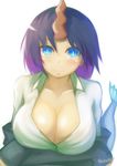  &gt;:) absurdres akahuzi bad_id bad_pixiv_id blazer blue_eyes blush breasts brown_hair cleavage closed_mouth collarbone collared_shirt dragon_girl dragon_tail dress_shirt elma_(maidragon) eyebrows_visible_through_hair highres horn jacket kobayashi-san_chi_no_maidragon large_breasts looking_at_viewer off_shoulder open_clothes open_shirt purple_hair shirt slit_pupils smile solo tail twitter_username upper_body v-shaped_eyebrows white_shirt wing_collar 