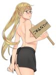  apron ass axis_powers_hetalia back blonde_hair blush from_behind genderswap genderswap_(mtf) green_eyes holding holding_sign long_hair pochi_(popcooooorn) sign solo topless translation_request twintails united_kingdom_(hetalia) waist_apron 
