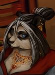  anthro bear blue_eyes breasts cleavage cleavge clothed clothing ear_piercing female fur hair jewelry looking_at_viewer mammal necklace panda pandaren piercing robe solo video_games warcraft white_fur zelulae_(artist) 