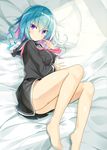  :o bare_legs barefoot bed black_serafuku blue_hair blush breasts eyebrows_visible_through_hair highres kavka large_breasts lying multicolored_hair on_side open_mouth original purple_eyes purple_hair school_uniform serafuku short_hair solo two-tone_hair 