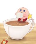  blue_eyes blush_stickers cup kirby kirby_(series) male_focus no_humans open_mouth ripples solo star sugar_cube teabag teacup 