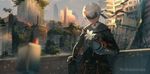  aguy bangs blindfold blurry city closed_mouth copyright_name depth_of_field flower gloves holding holding_flower male_focus nier_(series) nier_automata outdoors pod_(nier_automata) ruins solo white_flower white_hair yorha_no._9_type_s 