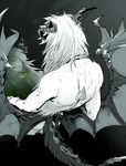  changye dragon_tail fate/apocrypha fate/grand_order fate_(series) green_eyes horns long_hair male_focus monochrome nude open_mouth reflection siegfried_(fate) solo tail wings 