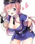  ;d belt belt_buckle black_hat black_neckwear blush breasts brown_hair buckle cleavage collarbone cowboy_shot cuffs detached_collar double-breasted fingerless_gloves gloves gochuumon_wa_usagi_desu_ka? hand_on_hip handcuffs hat heart holding hoto_mocha kurou_(quadruple_zero) large_breasts long_hair looking_at_viewer necktie one_eye_closed open_mouth police police_hat police_uniform policewoman purple_eyes reflective_eyes shiny shiny_skin short_sleeves simple_background sketch skirt smile solo standing tareme thighhighs uniform white_background 