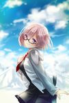  bad_id bad_pixiv_id black_shirt black_skirt cloud cloudy_sky day eyebrows_visible_through_hair fate/grand_order fate_(series) from_side glasses hair_between_eyes head_tilt highres jacket looking_at_viewer mash_kyrielight necktie pink_hair pleated_skirt purple_eyes red_neckwear shirt short_hair short_necktie skirt sky solo white_jacket yumeichigo_alice 