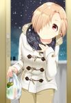  absurdres alternate_costume bag blonde_hair blush casual coat ear_piercing earrings hair_over_one_eye hand_on_own_chest highres idolmaster idolmaster_cinderella_girls jewelry looking_at_viewer piercing red_eyes ring scarf shirasaka_koume shopping_bag short_hair smile snow solo takesyun 