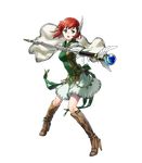  boots breasts cape feathers fire_emblem fire_emblem:_rekka_no_ken fire_emblem_heroes full_body green_eyes highres kaya8 knee_boots medium_breasts official_art open_mouth priscilla_(fire_emblem) red_hair ribbon see-through serious solo staff teeth transparent_background 
