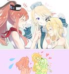  3girls :&gt; banned_artist bare_shoulders blonde_hair blue_eyes blurry blush braid breasts brown_hair closed_eyes commentary crown depth_of_field dress elbow_gloves fingerless_gloves flying_sweatdrops french_braid gloves hair_between_eyes hair_ornament hairband headgear heart index_finger_raised iowa_(kantai_collection) jewelry kantai_collection large_breasts laughing long_hair machinery mini_crown multiple_girls neckerchief necklace off-shoulder_dress off_shoulder pointing pointing_up ponytail red_neckwear saratoga_(kantai_collection) side_ponytail sidelocks smile smokestack star star-shaped_pupils symbol-shaped_pupils tachikoma_(mousou_teikoku) tongue tongue_out warspite_(kantai_collection) white_dress 