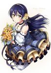  bangs bare_shoulders blue_hair bouquet bow brown_eyes character_name choker dated detached_sleeves dress flower frilled_dress frilled_sleeves frills hair_bow hair_flower hair_ornament hair_ribbon hairband happy_birthday holding holding_bouquet light_blush long_hair looking_at_viewer love_live! love_live!_school_idol_festival love_live!_school_idol_project print_legwear ribbon ribbon-trimmed_sleeves ribbon_trim shiimai smile solo sonoda_umi yellow_eyes 