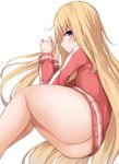  ass blonde_hair blush bottomless commentary_request from_side gabriel_dropout highres jacket long_hair long_sleeves looking_at_viewer looking_to_the_side mizushina_minato naked_track_jacket no_panties profile solo tenma_gabriel_white track_jacket very_long_hair 