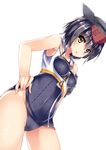  asymmetrical_hair black_hair brown_eyes dutch_angle framed_breasts from_behind hair_between_eyes hand_on_hip hat headphones i-14_(kantai_collection) kantai_collection looking_at_viewer ryokushiki_(midori-ya) sailor_collar school_swimsuit short_hair sitting smile solo swimsuit 