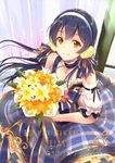  bangs blue_hair bouquet bow character_name choker cowengium dated detached_sleeves dress flower frilled_sleeves frills hair_bow hair_flower hair_ornament hairband happy_birthday highres holding holding_bouquet long_hair looking_at_viewer love_live! love_live!_school_idol_project orange_eyes ribbon-trimmed_sleeves ribbon_trim smile solo sonoda_umi 