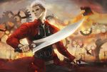  archer brown_eyes commentary dual_wielding fate/stay_night fate_(series) gears highres holding holding_sword holding_weapon kanshou_&amp;_bakuya long_sleeves male_focus phong_anh planted_sword planted_weapon silver_hair solo sword unlimited_blade_works watermark weapon 