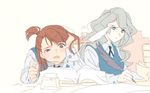  annoyed aqua_eyes bad_id bad_pixiv_id bangs blue_vest blush book bored brown_eyes brown_hair buttons collared_shirt d: diana_cavendish eyebrows eyebrows_visible_through_hair eyelashes grey_hair half_updo kagari_atsuko little_witch_academia long_hair long_sleeves looking_at_another looking_to_the_side luna_nova_school_uniform motion_lines multiple_girls open_book open_mouth pen pile_of_books quill raised_eyebrow roku_(tsua-kihuyu) school_uniform shirt simple_background sketch sleeveless sweat tareme tsurime turning_page vest wavy_hair white_shirt writing 