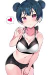  10s 1girl bare_arms bare_shoulders black_ribbon black_shorts blue_hair blush braided_bun breasts cleavage collarbone cowboy_shot crop_top double_bun halter_top halterneck hand_on_own_thigh hand_up head_tilt heart highres large_breasts leaning_forward love_live! love_live!_sunshine!! micro_shorts midriff navel parted_lips pink_eyes ribbon shorts sidelocks simple_background sleeveless solo spoken_heart standing stomach tem10 thigh_gap tsushima_yoshiko white_background 