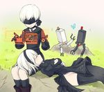  1girl akui_(liricoa) black_dress black_footwear black_hairband black_legwear blindfold boots bug butterfly cleavage_cutout closed_eyes covered_eyes dress grass hairband insect lap_pillow leotard long_sleeves nier_(series) nier_automata no_blindfold pod_(nier_automata) resting short_dress short_hair silver_hair thigh_boots thighhighs thighhighs_under_boots white_leotard yorha_no._2_type_b yorha_no._9_type_s 