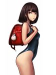  :/ arched_back ass backpack bag bag_charm bangs bare_arms bare_shoulders behind_back bird black_hair black_swimsuit blunt_bangs breasts brown_eyes buckle charm_(object) closed_mouth competition_school_swimsuit cowboy_shot expressionless from_side highres jungon_kim looking_at_viewer looking_back looking_to_the_side mouth_hold one-piece_swimsuit original parted_bangs penguin randoseru school_swimsuit short_hair simple_background skin_tight small_breasts solo standing swimsuit thighs white_background 