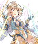 armor elbow_gloves feathered_wings gloves hair_ornament highres ishiyumi leotard light_brown_hair looking_at_viewer navi_(p&amp;d) open_mouth promotions puzzle_&amp;_dragons short_hair simple_background solo thighhighs white_background white_wings wings yellow_eyes 