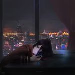  absurdres aoi_ogata black_hair blue_eyes city cityscape commentary commission curtains dark earbuds earphones english_commentary highres indoors night night_sky original ponytail scarf sky solo table window 