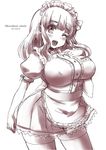  apron breasts hands_on_own_chest huge_breasts long_hair maid maid_apron maid_headdress one_eye_closed open_mouth shinshin smile thighhighs uniform 