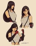  black_hair breasts clenched_hands earrings elbow_pads fighting_stance final_fantasy final_fantasy_vii fingerless_gloves gloves highres jewelry large_breasts lisa_buijteweg long_hair midriff ponytail red_eyes red_gloves signature sketch smile solo suspenders tank_top tifa_lockhart upper_body watermark web_address 