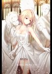  absurdres ahoge angel arcueid_brunestud armpits bare_legs bare_shoulders blonde_hair breasts cleavage collarbone dress eyebrows_visible_through_hair gloves hair_between_eyes hair_intakes highres kuraka large_breasts light_particles looking_away looking_to_the_side pillarboxed red_eyes short_hair skirt_hold smile solo statue sunlight thighs tsukihime type-moon white_dress 