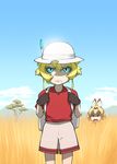  &gt;:( :d alternate_costume animal_ears aqua_eyes blonde_hair blue_eyes cloud commentary cosplay crossover day frown gloves hat helmet kaban_(kemono_friends) kaban_(kemono_friends)_(cosplay) kemono_friends looking_at_viewer multiple_girls no_legwear open_mouth outdoors pith_helmet red_shirt season_connection serval_(kemono_friends) serval_ears shaded_face shirt short_hair short_sleeves shorts sky smile sweatdrop tanya_degurechaff tree ueyama_michirou v-shaped_eyebrows youjo_senki 