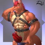  2017 anthro armpits balls biceps big_muscles blush digital_media_(artwork) erection frenum_ladder frenum_piercing genital_piercing hair harness humanoid_penis kangaroo looking_at_viewer male mammal marsupial muhyo muscular muscular_male pecs penis penis_piercing piercing reclamon red_hair simple_background solo 