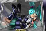  1girl aqua_hair aqua_skirt arms_behind_back ball_gag bdsm blue_boots blush bondage bound_legs bound_wrists box breasts captive electricity electrocution eyes_closed gagged gloves green_skirt helpless hogtie in_box metal_collar pain pleated_skirt restrained straps 