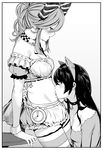  akagi_asahito animal_ears blush bow breasts cat_ears choker cleavage commentary_request ear_piercing fingernails greyscale highres licking long_fingernails long_hair midriff monochrome multiple_girls navel navel_licking original piercing simple_background thighhighs yuri 