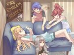  3girls alfonse_(fire_emblem) anna_(fire_emblem) artist_name blonde_hair blue_eyes blue_hair brown_eyes casual cellphone commentary contemporary couch fire_emblem fire_emblem_heroes ghi_yas gradient_hair green_eyes grey_hair holding holding_phone long_hair lying multicolored_hair multiple_boys multiple_girls mysterious_man_(fire_emblem) on_back on_floor open_mouth phone ponytail red_hair sharena shirt shorts signature sitting smartphone standing sweatdrop t-shirt tank_top veronica_(fire_emblem) white_hair 