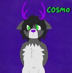  antlers black_hair cervine chest_tuft chibi cosmo deer fluffy fur green_eyes grey_fur hair horn mammal markings purple_nose shy simonsaysgreen simple_background text tuft 