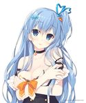 artist_name black_bra blue_eyes blue_hair blue_ribbon bra breasts character_name cleavage collar collarbone commentary_request emori_miku emori_miku_project eyebrows_visible_through_hair hair_between_eyes hair_ornament hair_ribbon heart highres long_hair looking_at_viewer medium_breasts miko_92 nail_polish one_side_up orange_ribbon parted_lips ribbon simple_background solo standing underwear upper_body very_long_hair white_background yellow_nails 