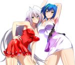 antenna_hair armpits arms_up blue_eyes blue_hair breasts cleavage covered_nipples dress hair_between_eyes hair_ribbon hand_on_hip hand_on_lap high_school_dxd highres large_breasts long_hair looking_at_viewer multiple_girls panties purple_ribbon red_dress ribbon rossweisse shiny shiny_skin short_dress short_hair silver_hair sleeveless sleeveless_dress smile strapless strapless_dress transparent_background underwear very_long_hair white_dress white_panties xenovia_quarta yellow_eyes 