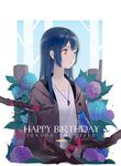  bangs bird blue_hair bluebird brown_eyes character_name commentary dated flower happy_birthday highres huanxiang_heitu hydrangea jacket jewelry long_hair love_live! love_live!_school_idol_project pendant red_ribbon ribbon solo sonoda_umi tree_branch upper_body 