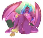  2017 blue_hair butt claws clitoris dragon english_text green_background hair long_hair looking_at_viewer membranous_wings myloveless pink_scales purple_scales pussy red_eyes scales scalie signature simple_background sitting text toe_claws watermark white_background wings yellow_scales yellow_sclera 