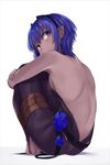  ankle_wrap ass back bare_back bare_shoulders barefoot black_gloves dark_skin fate/prototype fate/prototype:_fragments_of_blue_and_silver fate_(series) flower gloves hassan_of_serenity_(fate) looking_at_viewer monobe_tsukuri purple_eyes purple_hair short_hair solo toeless_legwear 