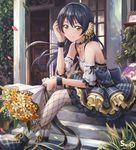  2017 artist_name bare_shoulders black_hair black_hairband blue_dress blue_footwear blue_ribbon bouquet box breasts brown_eyes building bush choker cleavage closed_mouth dated detached_sleeves dress flower flower_pot frilled_dress frills hair_flower hair_ornament hairband highres holding holding_bouquet holding_flower house long_hair looking_at_viewer love_live! love_live!_school_idol_project open_door outdoors petals plaid plaid_dress plant potted_plant ribbon ribbon-trimmed_sleeves ribbon_trim rose shamakho shelf shoe_ribbon shoes short_sleeves sitting sleeveless sleeveless_dress small_breasts smile smoke sonoda_umi stairs sweatband white_legwear window yellow_flower yellow_ribbon yellow_rose 