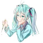  akariko aqua_eyes aqua_hair chin_rest commentary_request hair_ribbon hatsune_miku highres long_hair mechanical_pencil necktie pencil ribbon simple_background solo twintails upper_body vocaloid white_background 