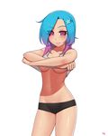  :d arms_up artist_name bare_arms bare_shoulders black_shorts blue_hair blush breasts clothes_lift collarbone cowboy_shot eyebrows_visible_through_hair gradient_hair grin hair_ornament hairclip kuroonehalf lifted_by_self looking_at_viewer medium_breasts multicolored_hair navel open_mouth original pink_eyes pink_hair shiny shiny_skin shirt_lift shorts simple_background sleeveless smile solo standing star star_hair_ornament stomach sweat tank_top underboob undressing white_background 