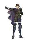  absurdres armor armored_boots berkut_(fire_emblem) black_armor boots brown_hair cape fire_emblem fire_emblem_echoes:_mou_hitori_no_eiyuuou full_body fur_trim gloves hidari_(left_side) highres male_focus official_art open_mouth simple_background solo teeth white_background 