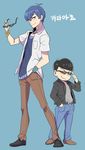  belt black_hair blue_background blue_eyes blue_hair bracelet dual_persona f6 full_body hand_in_pocket height_difference highres jewelry jocheong male_focus matsuno_karamatsu multiple_boys open_clothes open_shirt osomatsu-kun osomatsu-san shirt simple_background smirk sunglasses 