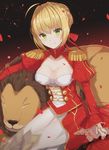  ahoge bad_id bad_pixiv_id blonde_hair blush breasts cleavage collar dress epaulettes fate/extra fate_(series) green_eyes hair_ribbon highres izumo_neru juliet_sleeves lion long_sleeves looking_at_viewer medium_breasts nero_claudius_(fate) nero_claudius_(fate)_(all) petals puffy_sleeves red_dress red_ribbon ribbon see-through sitting smile solo wide_sleeves 